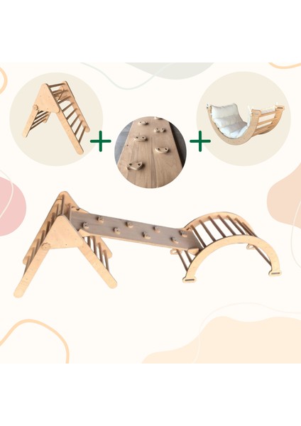 Minderli Üçlü Pikler Seti (Ham & Naturel) | Pikler Üçgeni, Pikler Halkası, Rampa & Kaydırak | Montessori Parkuru | Eğitici Aktivite Oyuncağı