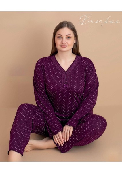 Kadın Büyük Beden Dantel Yaka Bambu Uzun Kol Ince Pijama Takımı 5541 - 1 Adet