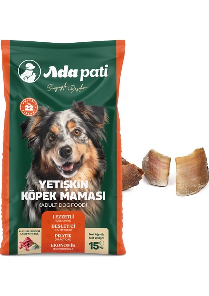 Kuzu Etli Pirinçli Yetişkin Köpek Maması 15 kg + Dana Tırnak 3 Adet 300-350gr