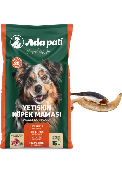 Kuzu Etli Pirinçli Yetişkin Köpek Maması 15 kg + Kuzu Boynuz 100gr