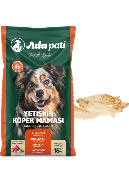 Kuzu Etli Pirinçli Yetişkin Köpek Maması 15 kg + Keçi Kulak 100G