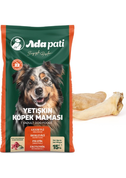 Kuzu Etli Pirinçli Yetişkin Köpek Maması 15 kg + Dana Kulak 80-100gr