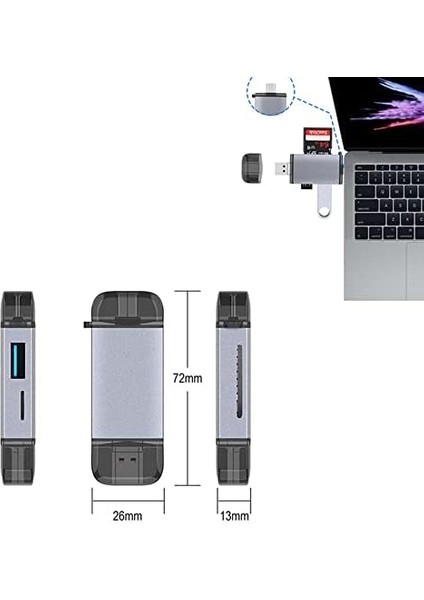 Metrashop 6 In 1 Usb, iphone 15 Uyumlu S23 S24 Serisi Uyumlu Notebook USB Otg Type-C, Mikro USB To Usb2.0/tf/sd Kart Okuyucu 3 Port Type C Otg ZR428
