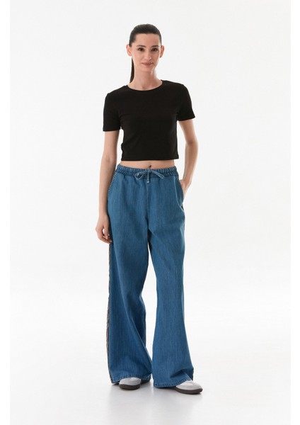 Beli Bağlamalı Yanları Şeritli Wide Leg Jean