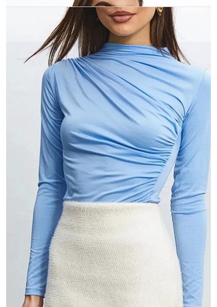 Dik Yaka Büzgülü Uzun Kollu Bluz