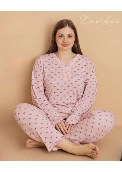 Kadın Büyük Beden Dantel Yaka Bambu Uzun Kol Ince Pijama Takımı 5673 - 1 Adet fiyatları
