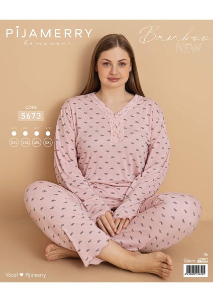 Kadın Büyük Beden Dantel Yaka Bambu Uzun Kol Ince Pijama Takımı 5673 - 1 Adet modelleri