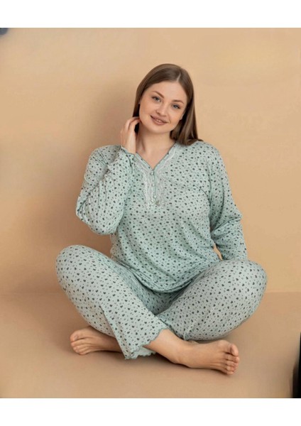 Kadın Büyük Beden Dantel Yaka Bambu Uzun Kol Ince Pijama Takımı 5670 - 1 Adet