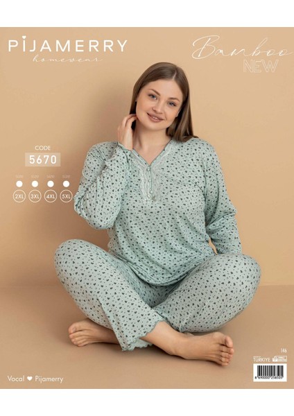 Kadın Büyük Beden Dantel Yaka Bambu Uzun Kol Ince Pijama Takımı 5670 - 1 Adet modelleri