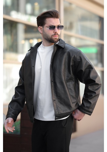 Erkek Düğmeli Siyah Deri Ceket