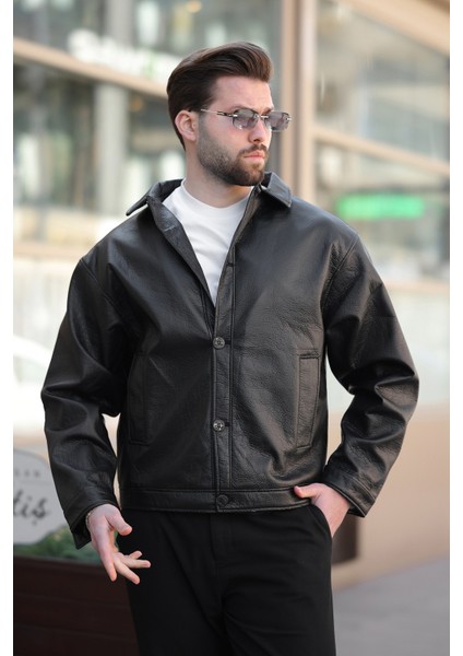 Erkek Düğmeli Siyah Deri Ceket modelleri