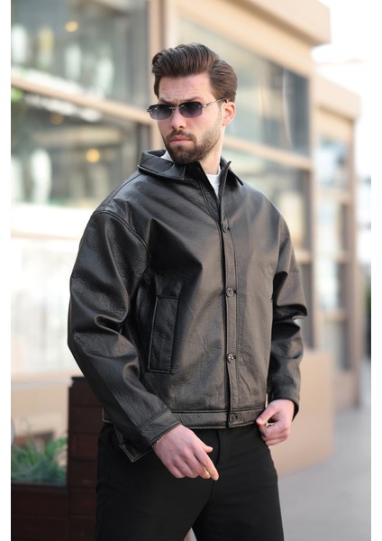 Erkek Düğmeli Siyah Deri Ceket fırsatları