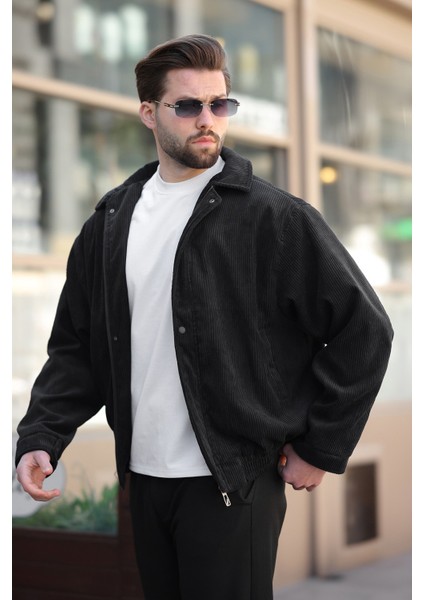 Erkek Siyah Fermuarlı Düğmeli Kadife Ceket