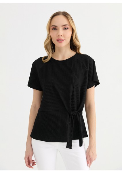 O Yaka Düz Siyah Kadın Bluz 25YSL8146