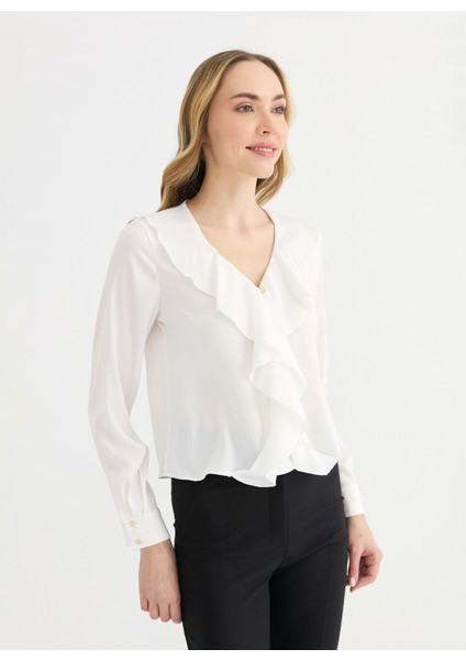 V Yaka Düz Ekru Kadın Bluz 25YSL8093