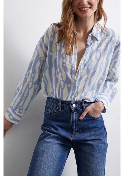 Zebra Desen Modal Gömlek Mavi