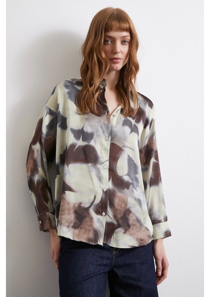 Batik Desen Saten Gömlek Petrol modelleri