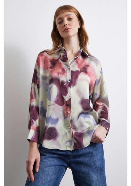 Batik Desen Saten Gömlek Petrol