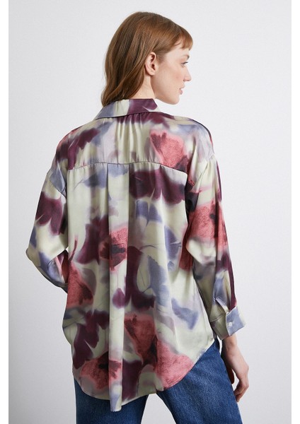 Batik Desen Saten Gömlek Petrol modelleri