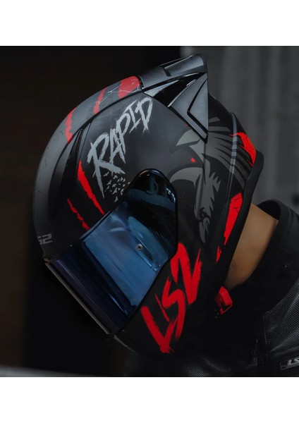 Rapıd 2 Race Raven Mat Siyah-Kırmızı Kapalı Motosiklet Kaskı Mavi Camlı