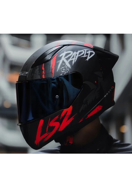 Rapıd 2 Race Raven Mat Siyah-Kırmızı Kapalı Motosiklet Kaskı Mavi Camlı