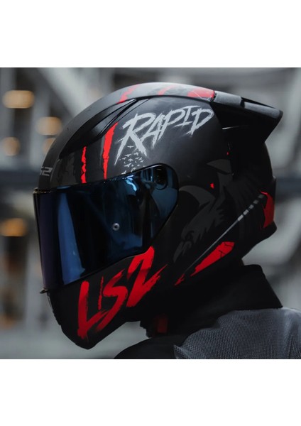 Rapıd 2 Race Raven Mat Siyah-Kırmızı Kapalı Motosiklet Kaskı Mavi Camlı