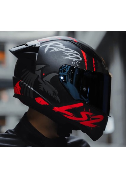 Rapıd 2 Race Raven Mat Siyah-Kırmızı Kapalı Motosiklet Kaskı Mavi Camlı