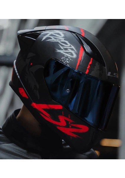 Rapıd 2 Race Raven Mat Siyah-Kırmızı Kapalı Motosiklet Kaskı Mavi Camlı