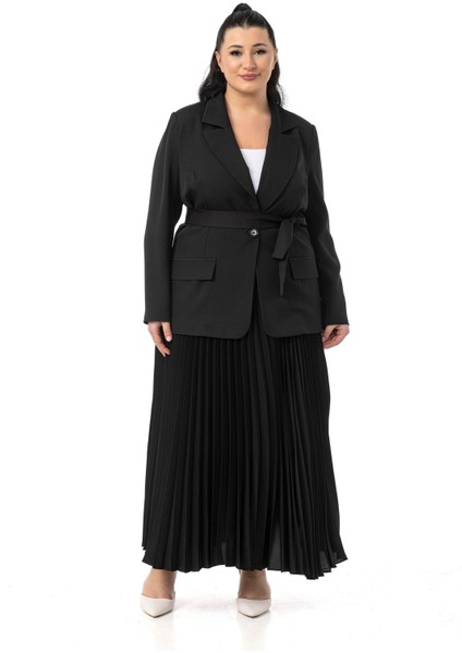 Büyük Beden Pileli Etek Ceket Siyah Ikili Takım