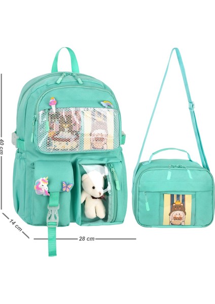 Kawaii Kore Tarzı Aksesuarlı Ilkokul Sırt Çantası Kız ve Termoslu Beslenme Çantası Set