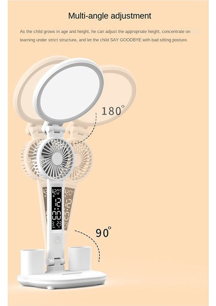 LED Saat Masa Lambası USB Şarj Edilebilir Kısılabilir Masa Lambası 4960 Mah Fan Işık Katlanabilir Göz Koruması Okuma Gece Lambası (Yurt Dışından)