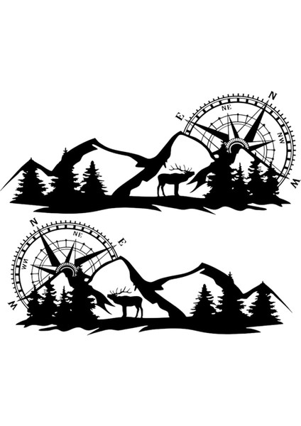 2x Gövde Sticker Çıkartması Büyük Pusula Navigasyon Dağ Geyiği ile Kamp Van Motorhome Siyah (Yurt Dışından)