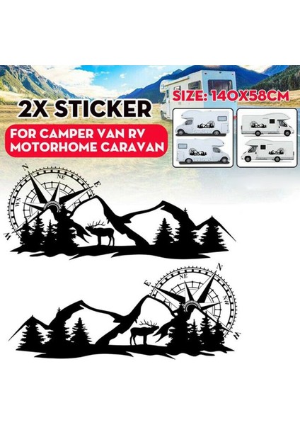 2x Gövde Sticker Çıkartması Büyük Pusula Navigasyon Dağ Geyiği ile Kamp Van Motorhome Siyah (Yurt Dışından) fiyatları