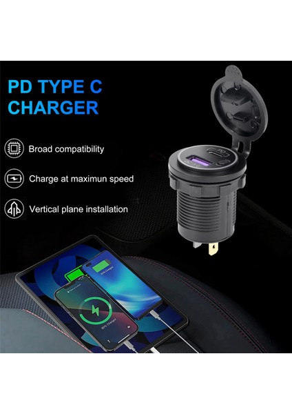 Pd Tip C USB Araç Şarj Cihazı ve Qc 3.0 Hızlı Şarj Cihazı 12V Güç Çıkışı Soketi, Motosiklet Rv Atv Için Açma/kapama Anahtarı, Mavi (Yurt Dışından)