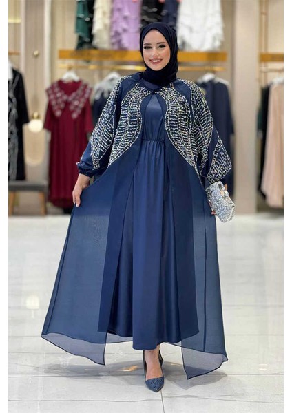Taş Detaylı Elbise Abaya Takım 3943 Lacivert