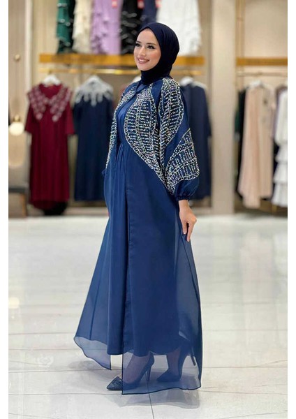 Taş Detaylı Elbise Abaya Takım 3943 Lacivert modelleri