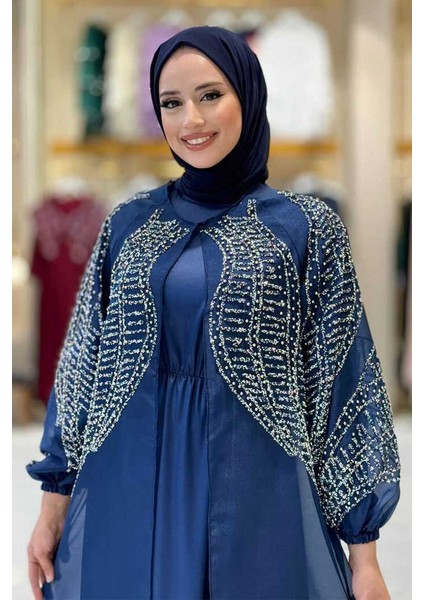 Taş Detaylı Elbise Abaya Takım 3943 Lacivert