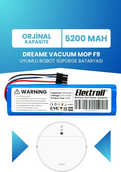 Dreame Vacuum Mop F9 Uyumlu Batarya (ORJİNAL KAPASİTE) 5200mah Pil Robot Süpürge Bataryası Değişimi