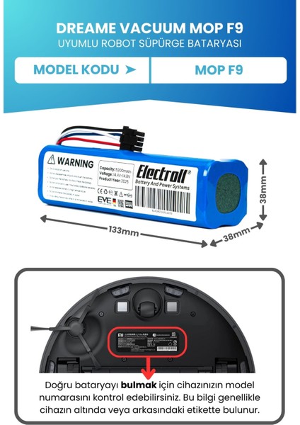 Dreame Vacuum Mop F9 Uyumlu Batarya (ORJİNAL KAPASİTE) 5200mah Pil Robot Süpürge Bataryası Değişimi