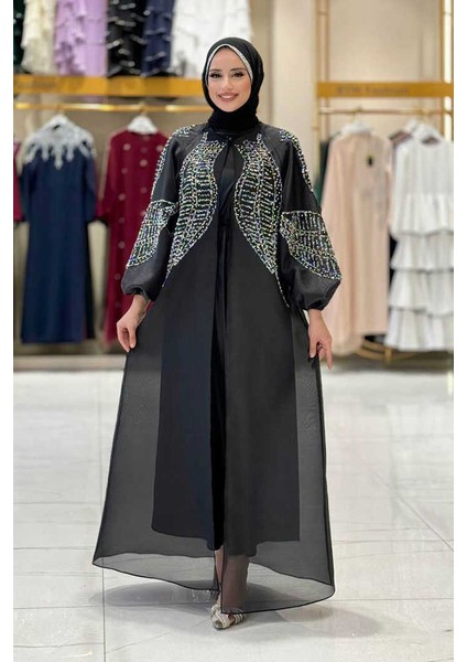 Taş Detaylı Elbise Abaya Takım 3943 Siyah