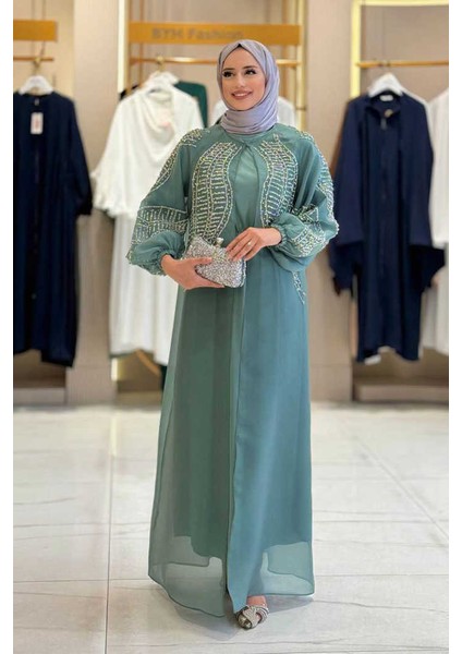 Taş Detaylı Elbise Abaya Takım 3943 Mint