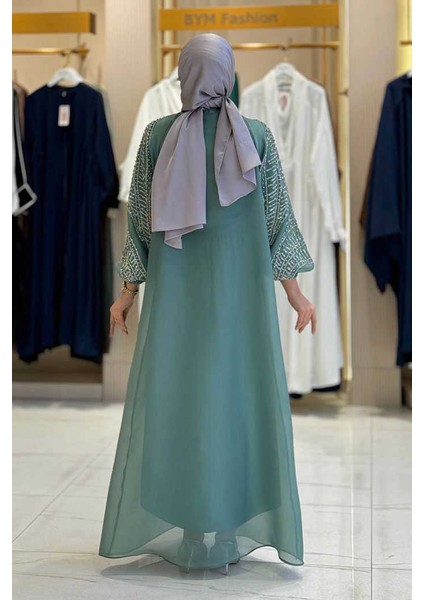 Taş Detaylı Elbise Abaya Takım 3943 Mint