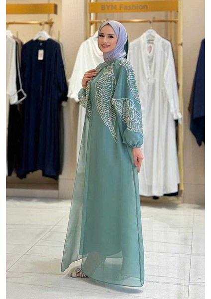 Taş Detaylı Elbise Abaya Takım 3943 Mint