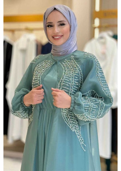 Taş Detaylı Elbise Abaya Takım 3943 Mint