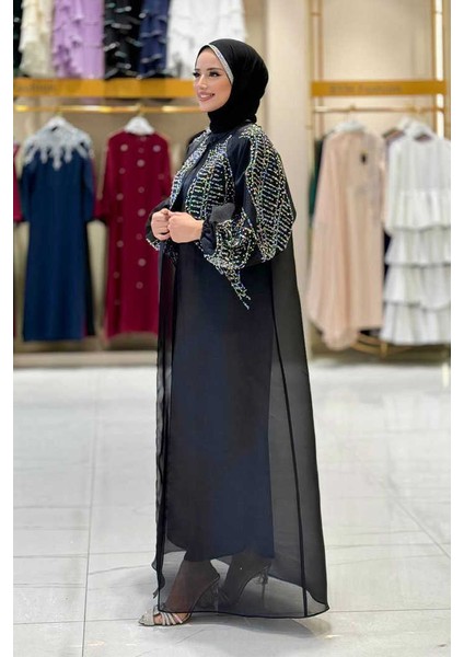 Taş Detaylı Elbise Abaya Takım 3943 Siyah