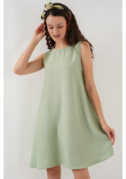 2444 Mini Keten Elbise - E.yeşil
