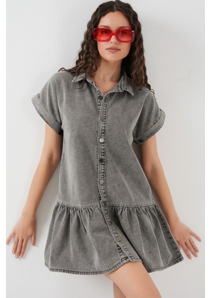 Kadın Kısa Kot Elbise 2530 - Füme