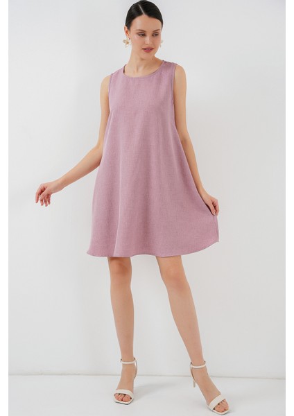 2444 Mini Keten Elbise - Pembe modelleri