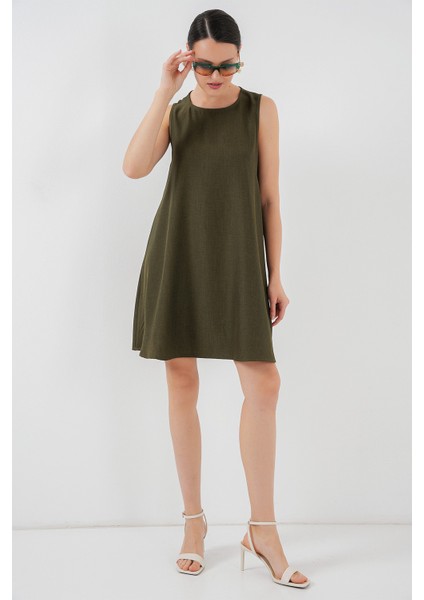 2444 Mini Keten Elbise - Haki modelleri
