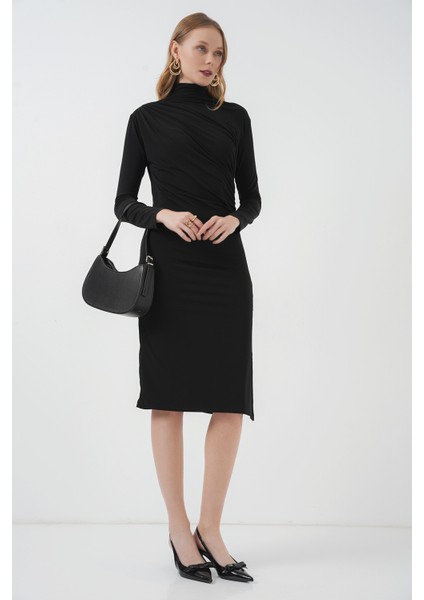 2522 Yırtmaçlı Drapeli Elbise - Siyah fiyatları